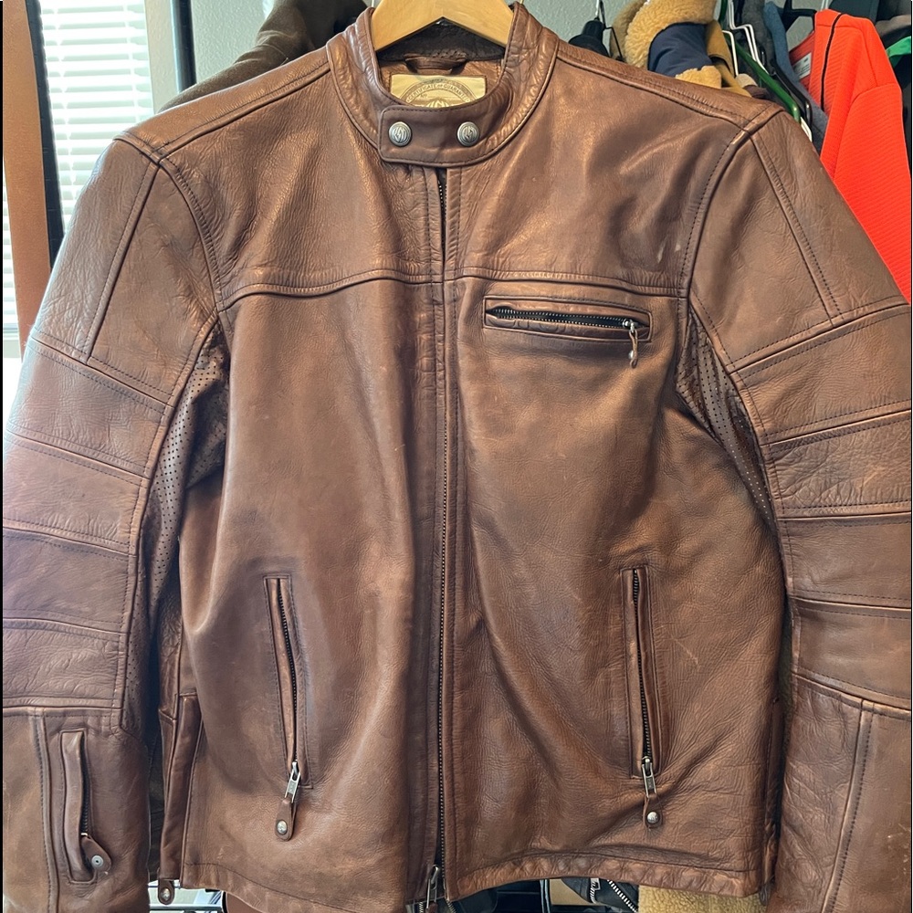 Large Roland Sands Ronin brown leather motorcycle jacket.